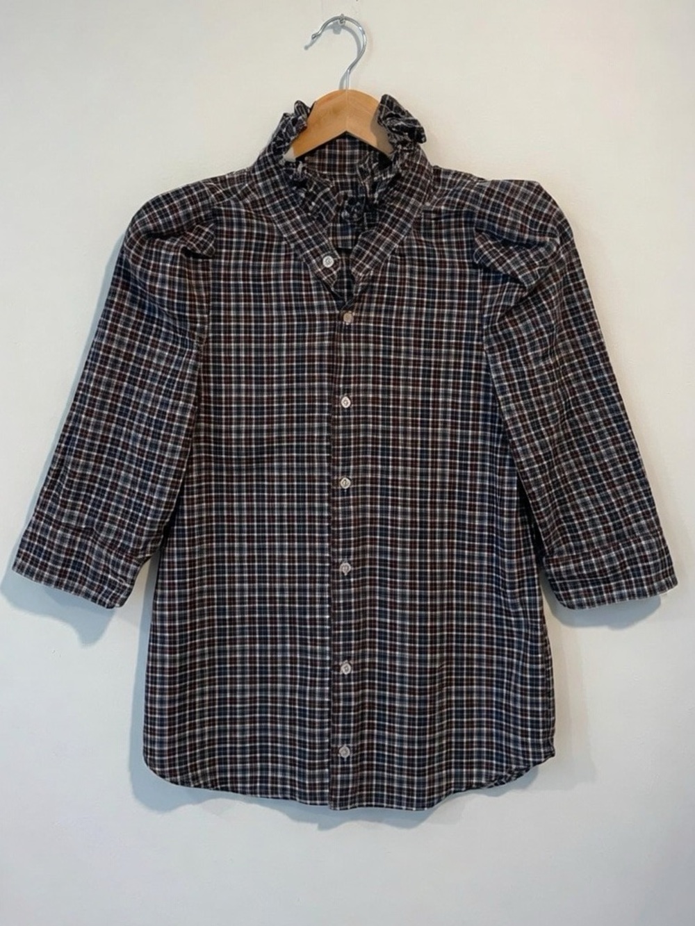 KMJ Navy And Brown Plaid Ruffle Collar Button-Down 3/4 Puff Sleeve Pocket Top
